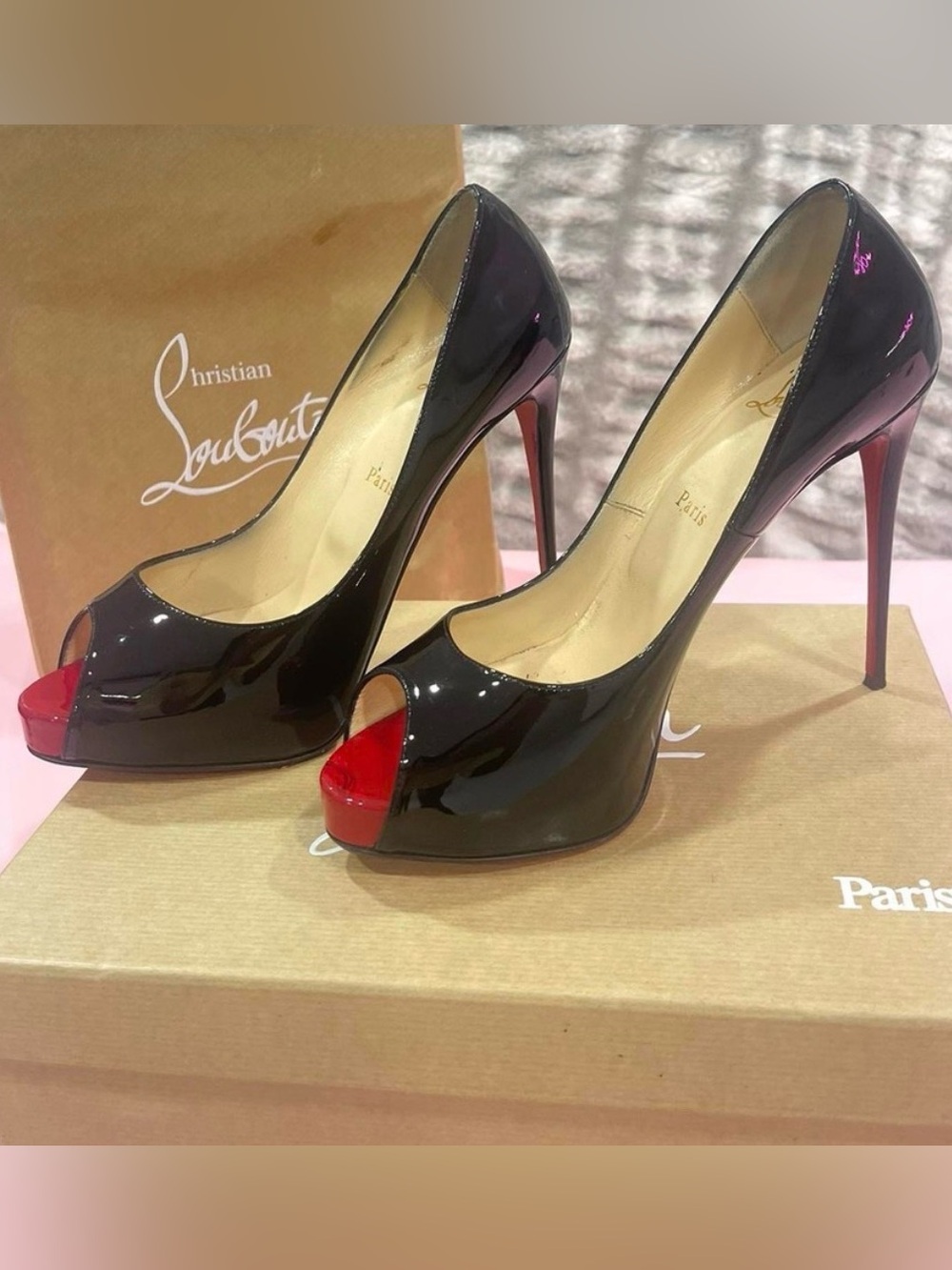 Christian Louboutin Black Patent Peep-Toe Pumps with Red Toe and Red Sole